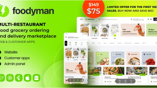 Foodyman v2025-25 – 多餐厅食品和杂货订购和配送市场（网络和客户应用程序）源码下载