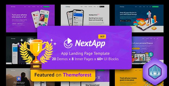 Nextapp v1.4.3.1 应用程序登陆页面适用于移动应用程序软件设计和开发网站的 WordPress 主题下载