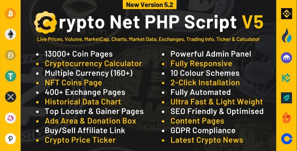 Crypto Net v6.1 CoinMarketCap、价格、图表、交易所、加密货币跟踪器、计算器和股票代码 PHP 脚本源码下载