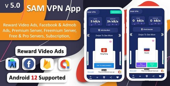 SAM VPN App v12.0 安全 VPN 和快速服务器 VPN |奖励视频广告|订阅 | Admob 和 FB 广告源码下载