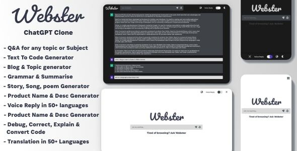 Ai Webster (v1.0.0) ChatGPT 4 & 3.5 克隆 Ai 图像 Ai 内容生成器 Ai 聊天机器人 代码问答 语法 SEO源码下载