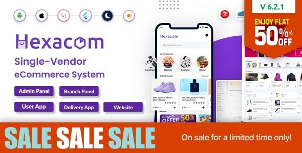 Hexacom v7.2 带有网站、管理面板和送货员应用程序的单一供应商电子商务应用程序app源码下载