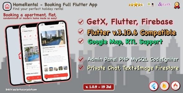 HomeRental v1.0.9 带聊天功能的完整 Flutter 应用程序预订属性 |网络管理面板源码下载