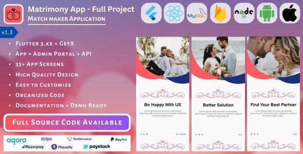 Matrimony App v1.3 – Match Maker – 完整项目（移动应用程序、管理面板、API、数据库）源码下载