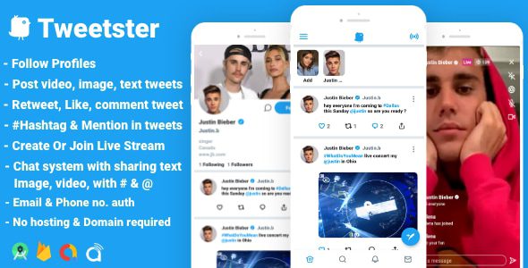 Tweetster – 推特克隆社交网络应用 关注 聊天 推文 直播 安卓工作室 +  firebase + admob 源码下载