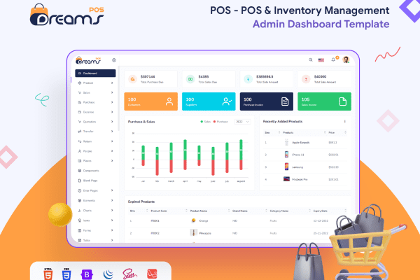 DreamsPOS v2.0.6 POS 和库存管理管理仪表板模板源码下载 (HTML Angular 17 React Vue Laravel)