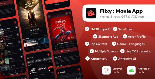 Flixy Movie App – Series,Live TV, Video Streaming App, Netflix Clone – 26 February 2025 直播电视，视频流应用程序app源码下载