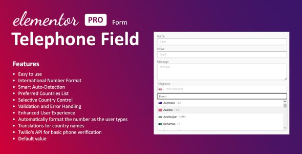 Telephone Field for Elementor form v1.3.0 表格的电话字段插件下载