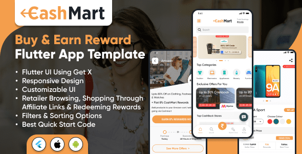 CashMart v1.0 – 购物并赚取奖励应用程序模板 – 使用 GetX 的 Flutter 移动应用程序模板 源码下载
