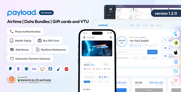 PayLoad v1.2.0 – 通话时间 – 数据包 – 礼品卡和 VTU 完整解决方案app源码下载