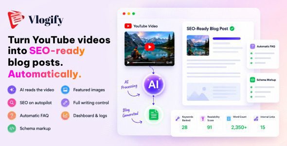 Vlogify v1.0.2 – 适用于 WordPress 的 AI YouTube 视频转博客文章生成器插件下载