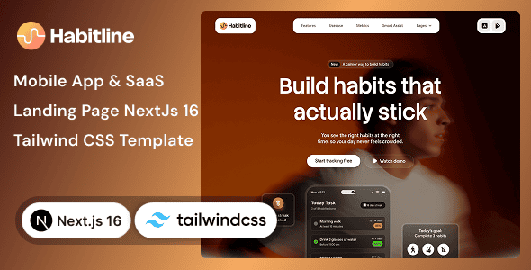 Habitline 1.0 – 移动应用与 SaaS 落地页模板下载(基于 Next.js 16 和 Tailwind CSS)
