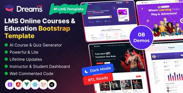 Dreams LMS v1.2.2 – 在线课程、教育与学习管理模板 (Next.js, React, HTML, Laravel) 源码下载