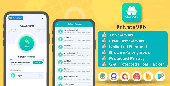 Private VPN App v.1.0 – 免费VPN服务器 – 付费VPN服务器 – Admob Facebook广告 – 快速VPN&安全VPN移动app源码下载