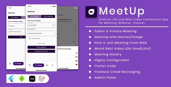MeetUp v.2.4.0 – 适用于会议、网络研讨会、课程的 Android、iOS 和 Web 视频会议应用程序源码下载