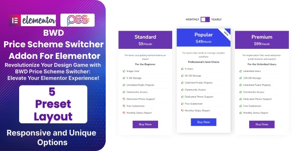 BWD Pricing Scheme Switcher Addon For Elementor v1.0.0 定价方案elementor组件插件下载