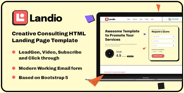 Landio 1.0 – 创意创业咨询 HTML 登陆页面模板下载