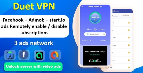 Duet Pro VPN App v8.0 安全 VPN 应用程序和快速 VPN |订阅 | StartApp 广告 | Facebook 和 Admob 广告源码下载