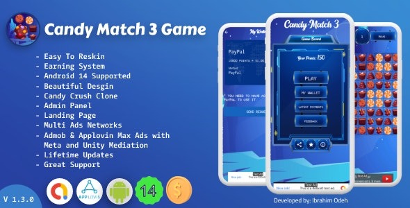 Candy Match 3 Game with Earning System and Admin Panel + Landing Page v1.3.0 带有赚取系统和管理面板 + 登陆页面的糖果三消游戏源码下载