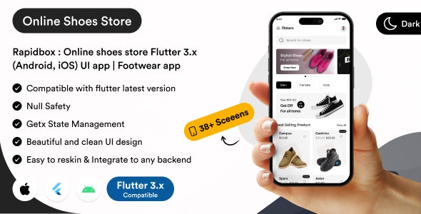 Rapidbox – 在线鞋店 Flutter 3.x（安卓、iOS）用户界面应用程序app源码下载