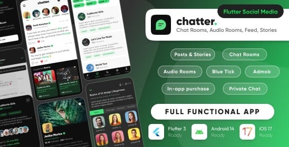 Chatter (3 July 2024) 带有聊天室、帖子、故事的终极社交媒体，聊天 Flutter/Laravel源码下载