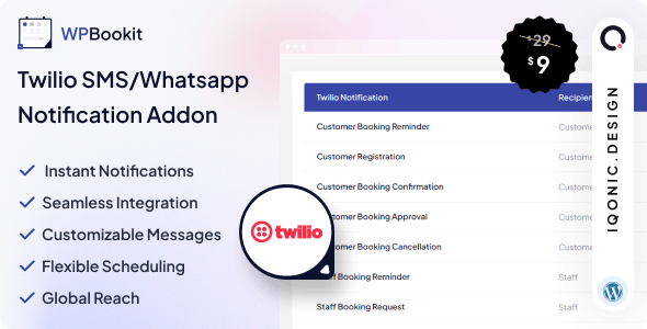 WPBookit – Twilio SMS/WhatsApp Notification (Addon) v1.1.1 Twilio SMS/WhatsApp通知拓展插件下载