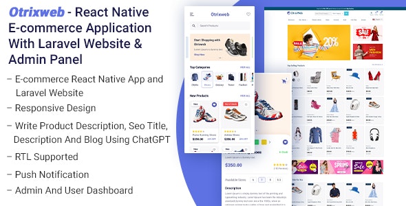 Otrixweb v1.3.0 – 带有 Laravel 网站的 React Native 电子商务应用程序app源码下载