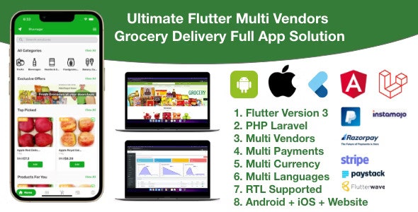 Grocery / delivery services / ecommerce multi vendors(android + iOS + website) flutter 3 / laravel v5.0 杂货/送货服务/电子商务多供应商app源码下载