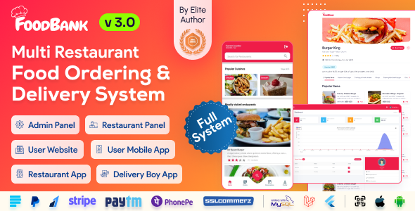 FoodBank Multi Restaurant v3.0 – 带有管理员和餐厅面板的餐厅应用程序源码下载