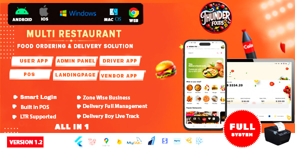 Thunderfood V1.2-多餐厅食品订购和交付解决方案app源码下载（用户，驱动程序，管理员，POS）