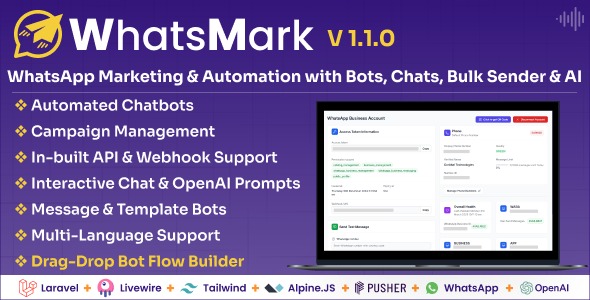 WhatsMark v1.1.0 – WhatsApp 营销和自动化平台，包含机器人、聊天、群发邮件和人工智能PHP源码下载