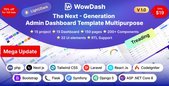 WowDash v1.0 – Tailwind、Bootstrap、React、Next、Node JS、Django、Php、Laravel ASP.net 管理仪表板HTML模板下载