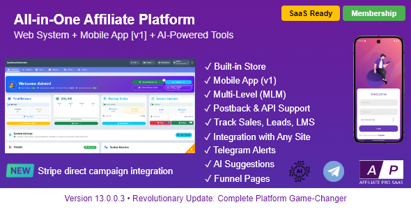 AffiliatePro SaaS v13.0.0.3 – 联盟营销与供应商系统 + 移动应用、人工智能、Telegram源码下载
