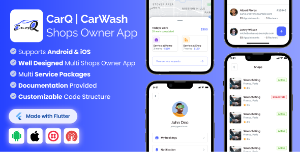 Shop Owner App for CarQ Car Wash Marketplace SAAS Flutter App v3.0.0 CarQ 洗车市场 SaaS 平台——店主端 Flutter App源码下载